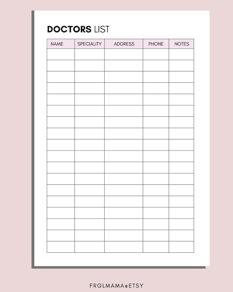 Doctor Printable Doctors Contact List Doctor Info Printable - Etsy