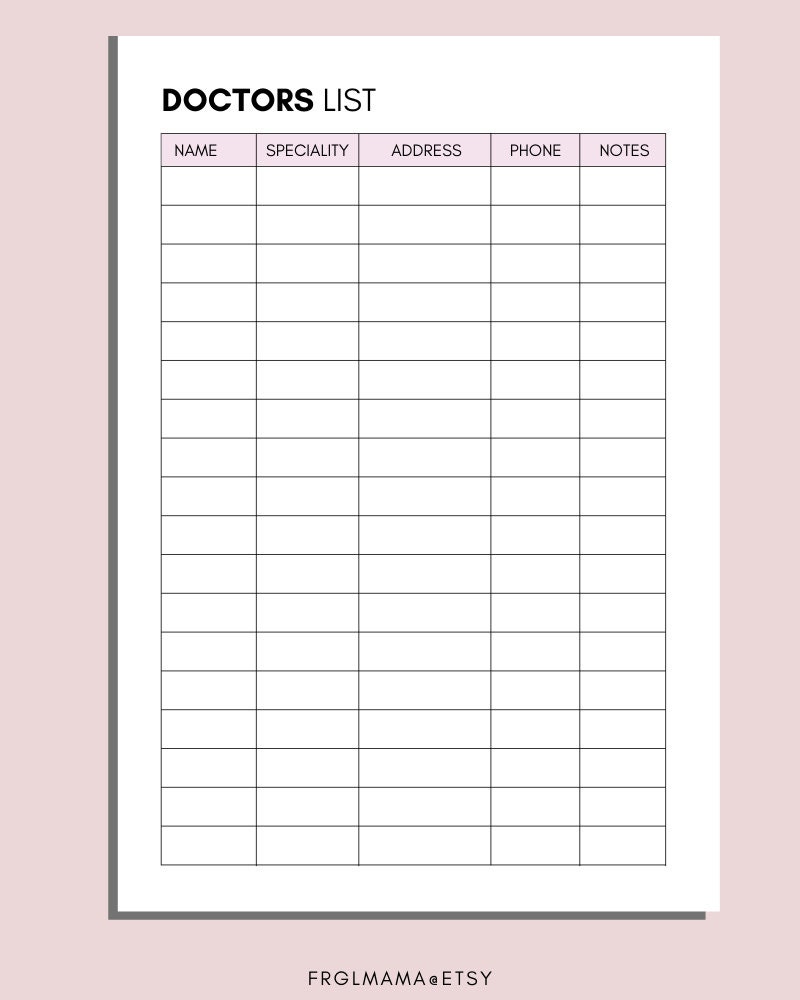 Doctor Printable Doctors Contact List Doctor Info Printable | Etsy