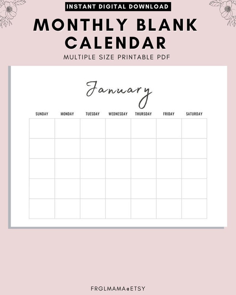 printable monthly calendar landscape printable calendar year etsy