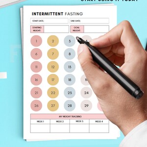 May include: Printable intermittent fasting tracker with a calendar grid of 29 days, labeled with numbers 1 through 29. The calendar is divided into four weeks. The tracker also includes sections for starting and ending dates, starting and goal weights. The tracker is printed on white paper with pink and blue accents.