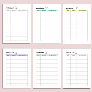 Puede incluir: Seis plantillas de lista de vocabulario imprimibles en diferentes colores. Cada plantilla tiene columnas para la palabra, la definici&oacute;n y el uso en una oraci&oacute;n.