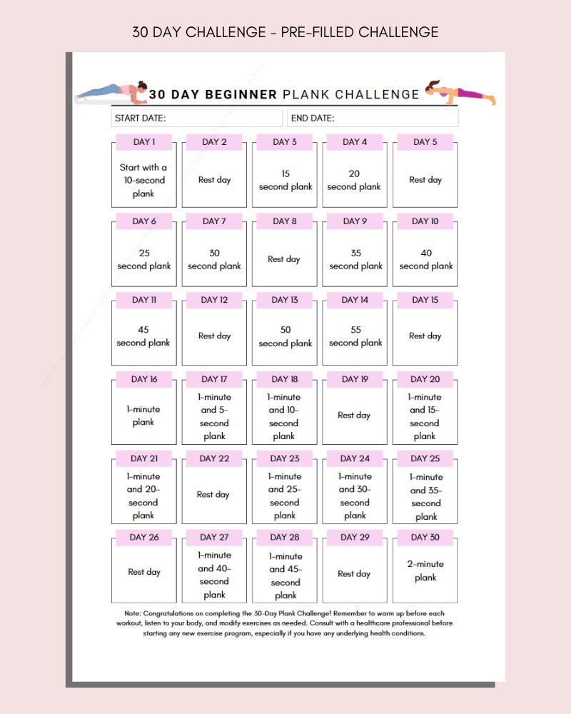 30 Day Plank Challenge Printable Calendar