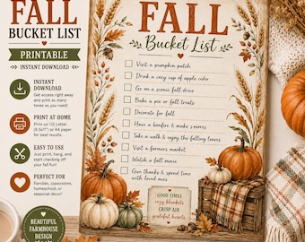 Fall Bucket List Printable | Autumn Activities Checklist | Cozy Farmhouse Fall Printable | Family Fall Activities PDF | Autumn Bucket List