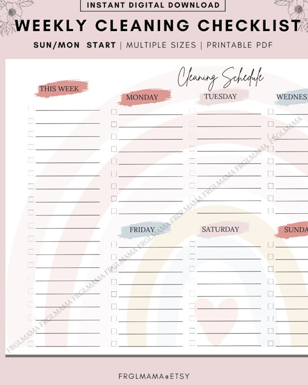 Weekly Cleaning Checklist: Printable Household Planner (PDF) - Etsy