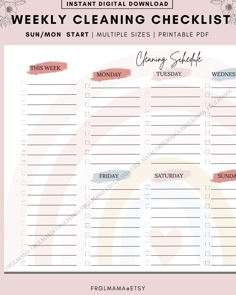 Weekly Cleaning Checklist: Printable Household Planner (PDF) - Etsy