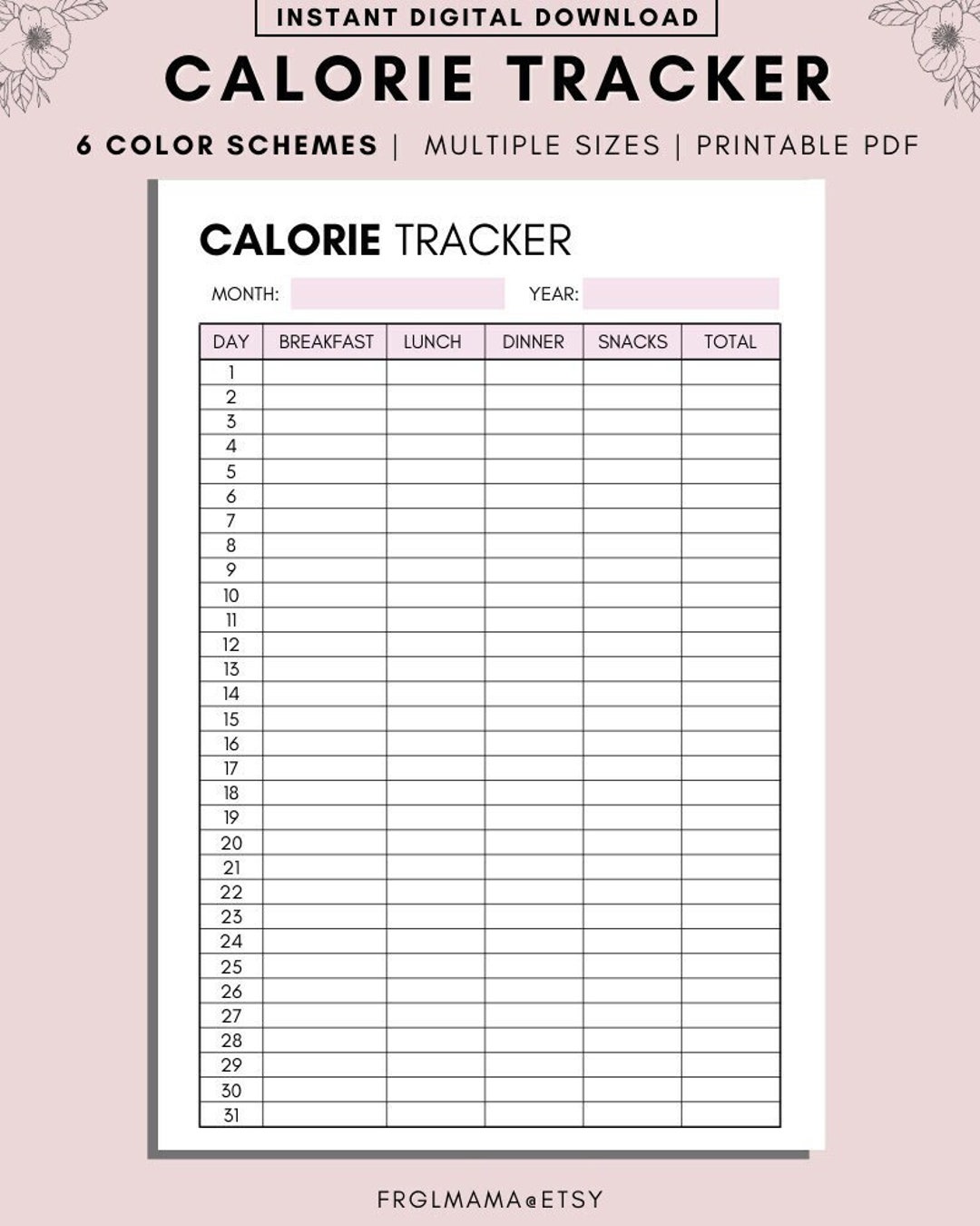 Calorie Tracker, Monthly Calorie Tracker Printable, Low Calorie Diet  Tracker, Calorie Journal, Diet Diary, Daily Food Journal, A4 A5 PDF 