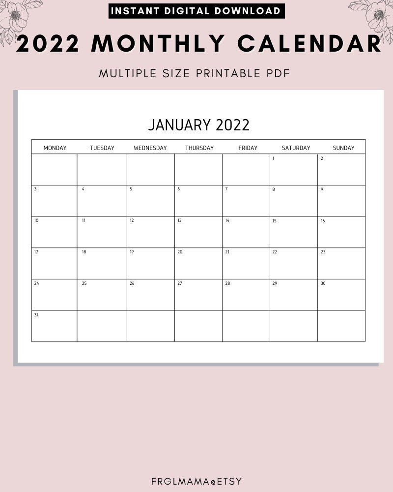 2022 monthly calendar landscape printable calendar year etsy