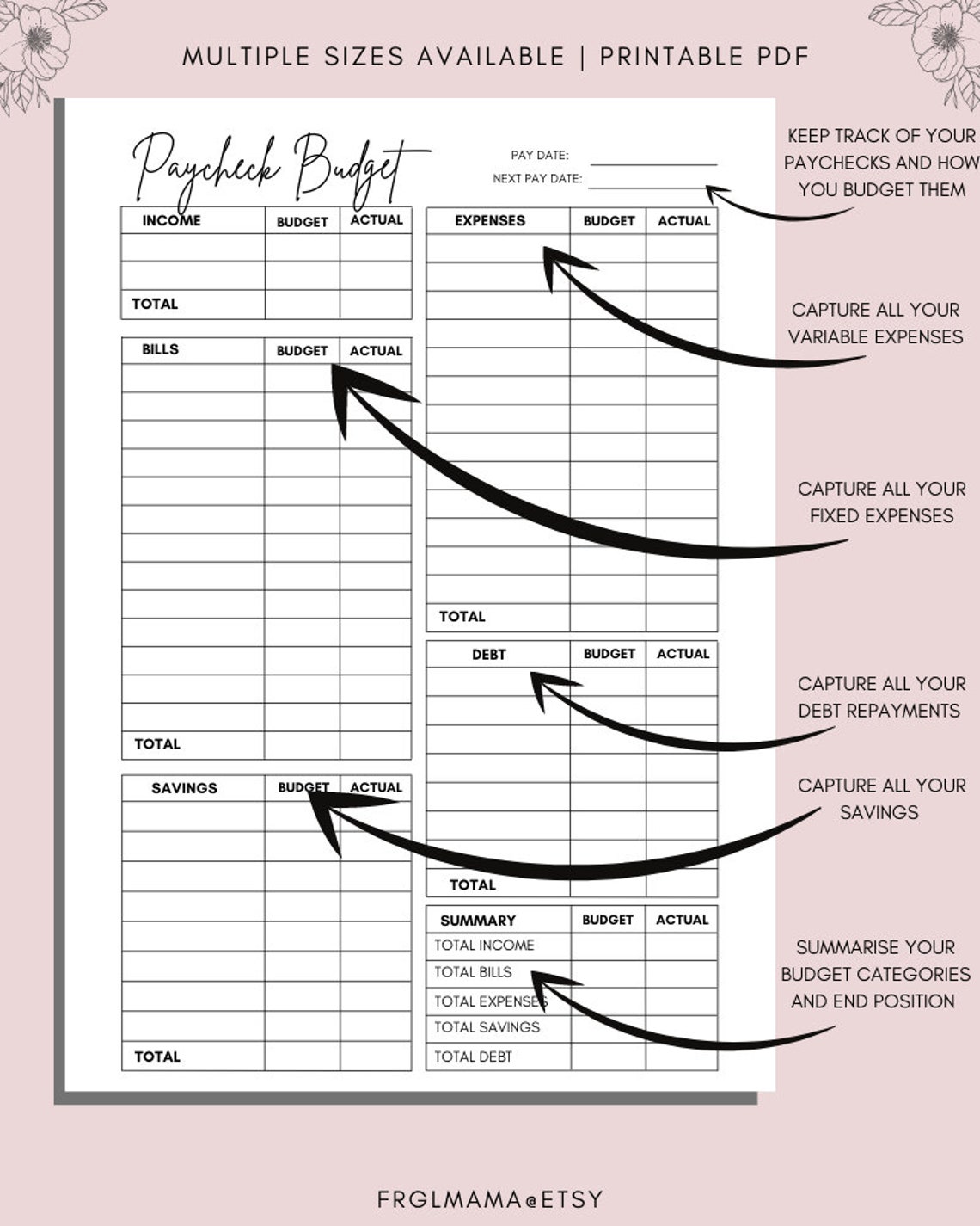 Paycheck Budget Overview Template Printable Paycheck Budget | Etsy