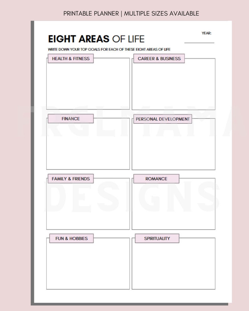 May include: Printable planner with a black and white design. The planner is divided into eight sections, each with a title: Health & Fitness, Career & Business, Finance, Personal Development, Family & Friends, Romance, Fun & Hobbies, and Spirituality. The planner is designed to help people set goals and track their progress in different areas of their lives.