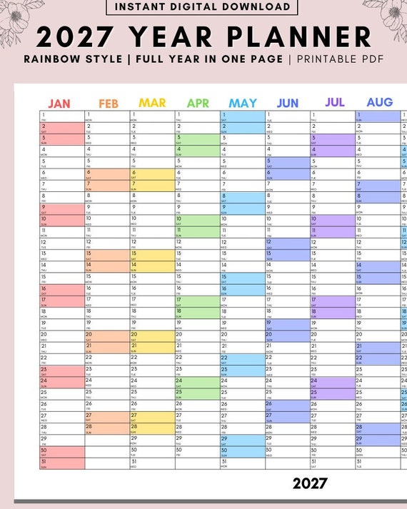 2027 Rainbow Calendar Printable: Yearly Wall Planner (A3, A4, A5 PDF)