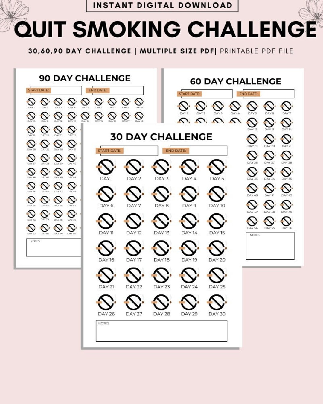 Quit Smoking Printable Challenge. Stop Smoking Tracker, 60 Day ...