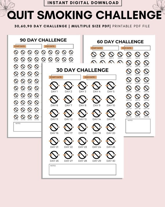 14 days no cigarettes Quit Smoking Printable Challenge. Stop Smoking Tracker, 60 Day Challenge,  Stop Smoking Planner Printable, Quit Smoking, Quit Smoking