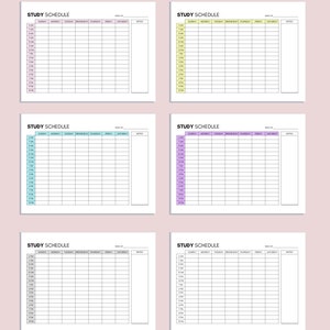 May include: Six printable study schedule templates with different coloured borders. Each template has a column for each day of the week, starting with Sunday, and a column for notes. The time slots are from 4:00 AM to 9:00 PM.