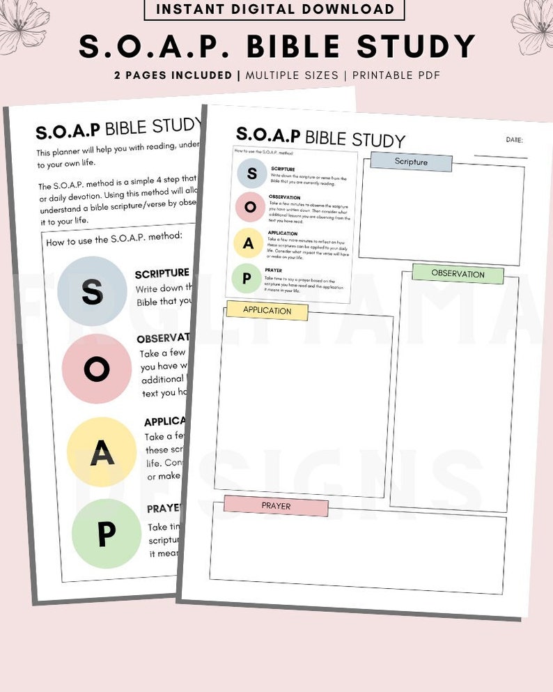May include: Printable S.O.A.P. Bible Study worksheet with a colorful acronym for Scripture, Observation, Application, and Prayer. The worksheet is designed to help with reading and understanding the Bible.