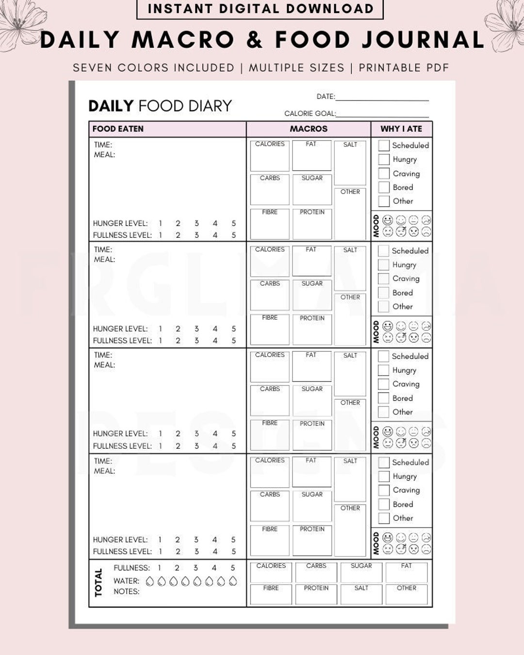 Macro Calorie Tracker, Daily Food Planner, Daily Food Diary Printable, Minimalist Daily Calorie ...