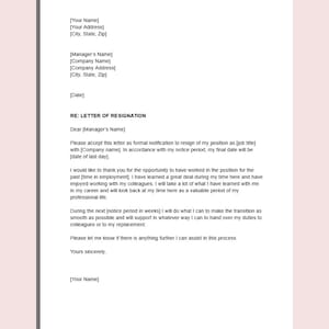 Op de afbeelding: Een formele ontslagbriefsjabloon met een professionele lay-out. De brief bevat een aanhef, een ontslagverklaring, een bedankje aan de werkgever en een verklaring van ondersteuning voor de overgang.