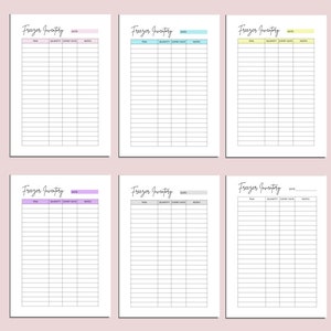May include: Six printable freezer inventory lists in different colors: pink, blue, yellow, purple, gray, and white. Each list has columns for item, quantity, expiry date, and notes.