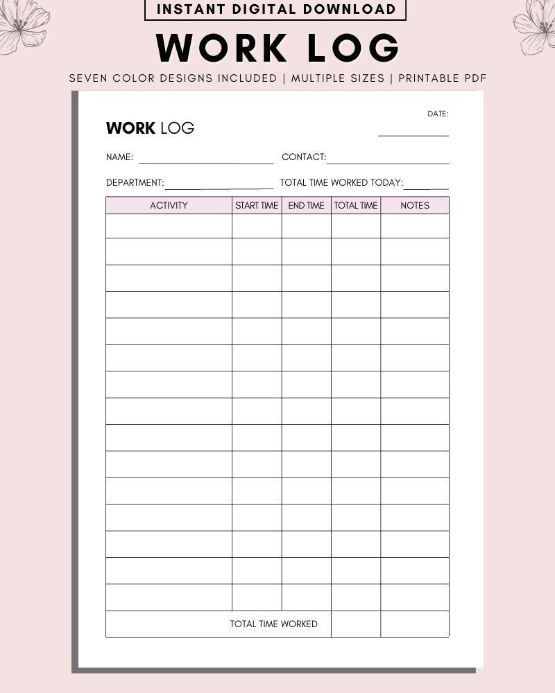 Printable Work Log: Time Tracker, Timesheet (PDF) - Etsy