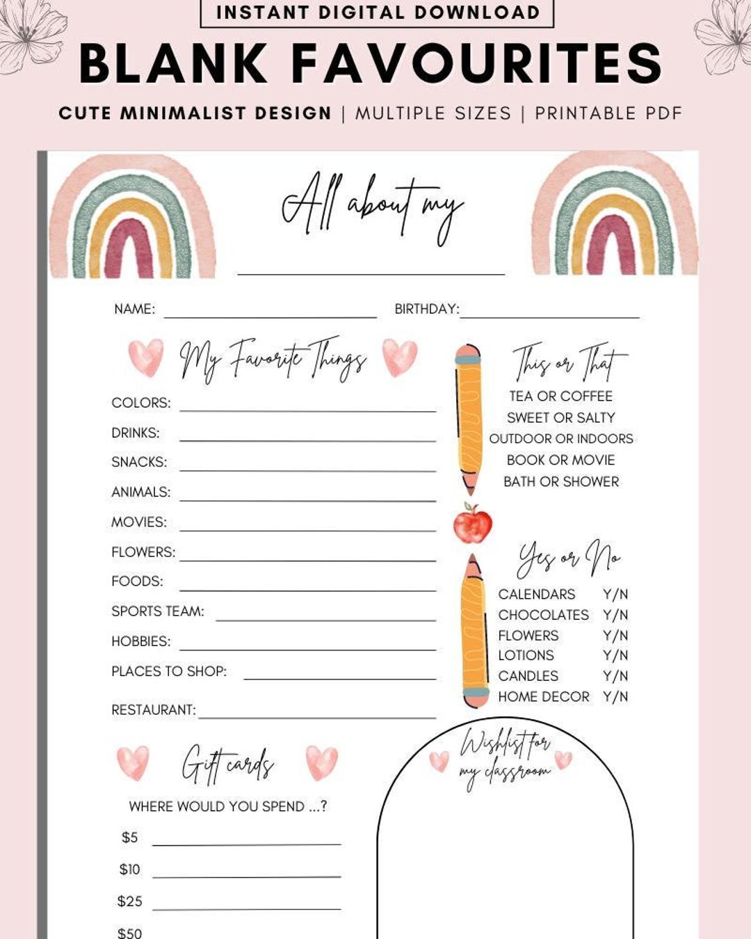 BLANK Printable Teacher Questionnaire, Getting to Know You ...