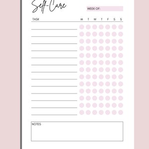 Puede incluir: Planificador de autocuidado imprimible con una cuadr&iacute;cula de calendario semanal y una secci&oacute;n para tareas y notas. La cuadr&iacute;cula del calendario tiene 7 columnas para cada d&iacute;a de la semana y 7 filas de c&iacute;rculos para realizar un seguimiento de las actividades diarias.