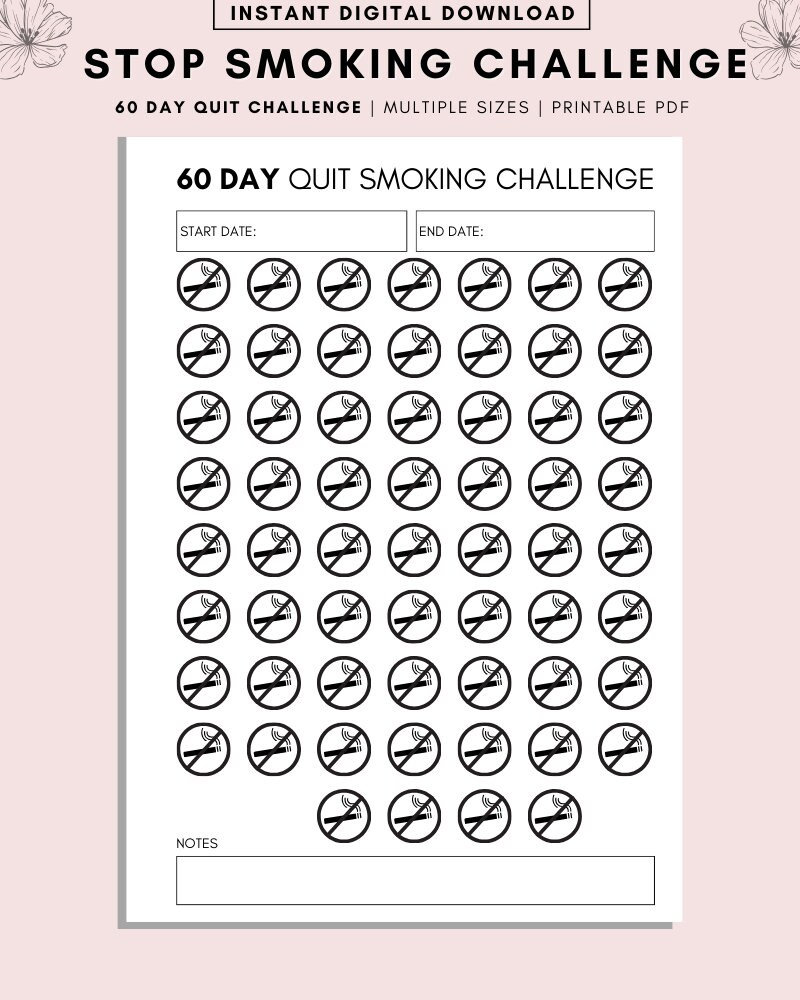 Quit Smoking Printable Challenge. Stop Smoking Tracker, 60 Day Challenge, Stop  Smoking Planner Printable, Quit Smoking, Quit Smoking