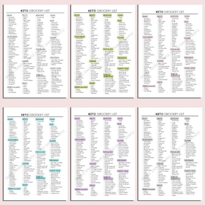 May include: Six printable keto grocery lists in different colors. Each list includes categories for fruits, vegetables, meats, seafood, eggs, fats & oils, cheese, dairy & substitutes, pantry items, and flours. The lists are designed to help people following a ketogenic diet.