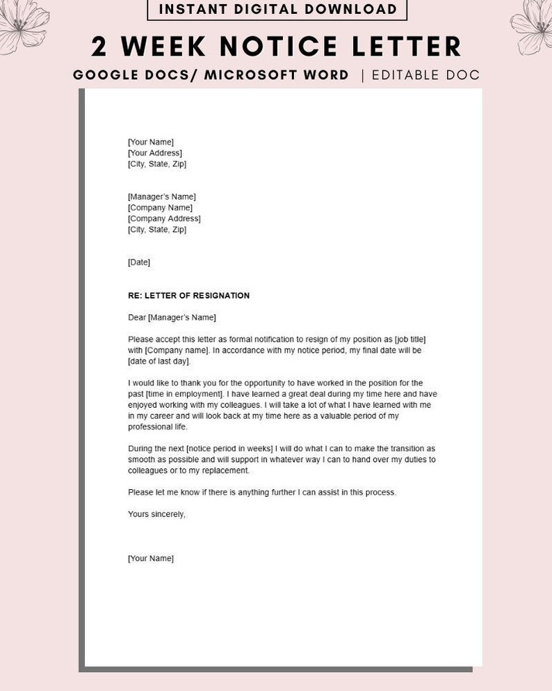 Op de afbeelding: Een sjabloon voor een brief van twee weken om op te zeggen. Het sjabloon bevat secties voor uw naam, adres, naam van uw manager, bedrijfsnaam, bedrijfsadres, datum, functietitel en opzegtermijn.