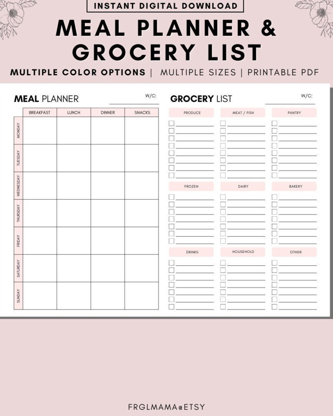 Weekly Meal Planner & Grocery List Printable Weekly Menu | Etsy