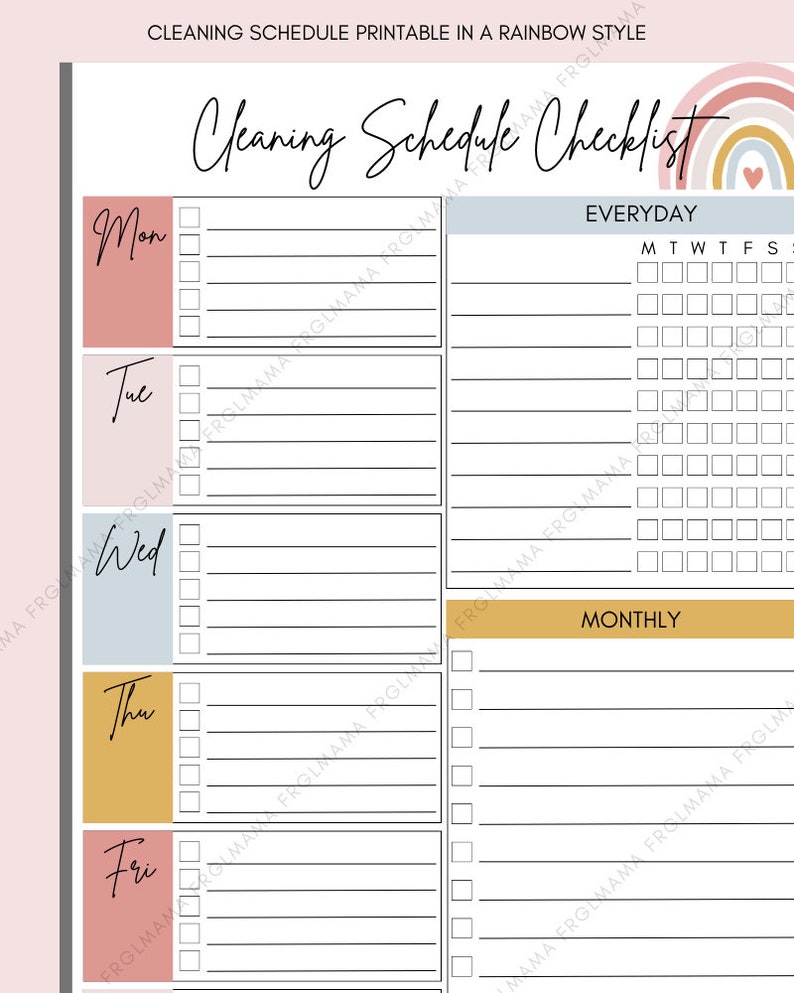 Weekly Cleaning Schedule Printable: Rainbow Style Checklist (A4 A5 PDF ...