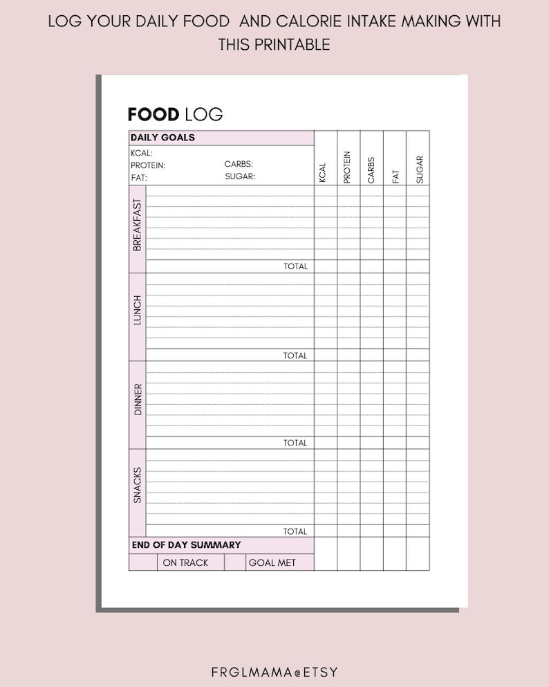 Puede incluir: Plantilla de seguimiento de alimentos imprimible con secciones para objetivos diarios, desayuno, almuerzo, cena, refrigerios y un resumen del final del d&iacute;a. El seguimiento incluye columnas para calor&iacute;as, prote&iacute;nas, carbohidratos, grasas y az&uacute;car.