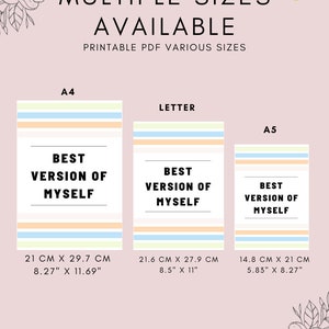 Puede incluir: P&oacute;ster PDF imprimible con el texto "Best Version of Myself" en negro sobre fondo blanco. El p&oacute;ster est&aacute; disponible en tres tama&ntilde;os: A4 (21 cm x 29,7 cm), Carta (21,6 cm x 27,9 cm) y A5 (14,8 cm x 21 cm).