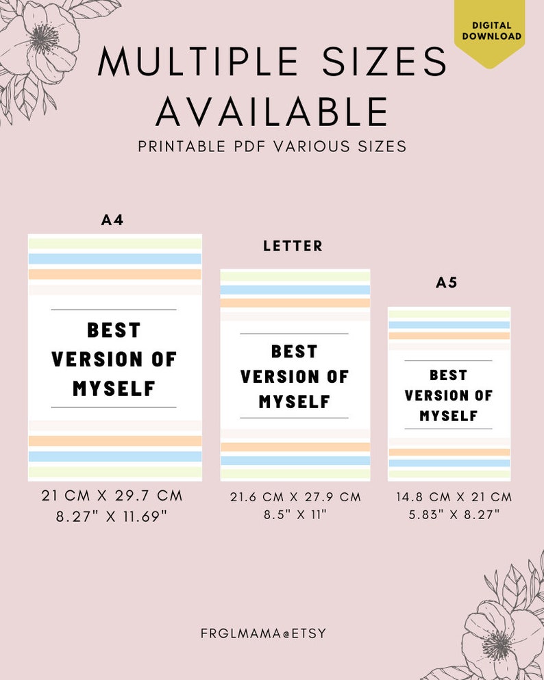 Puede incluir: P&oacute;ster PDF imprimible con el texto "Best Version of Myself" en negro sobre fondo blanco. El p&oacute;ster est&aacute; disponible en tres tama&ntilde;os: A4 (21 cm x 29,7 cm), Carta (21,6 cm x 27,9 cm) y A5 (14,8 cm x 21 cm).