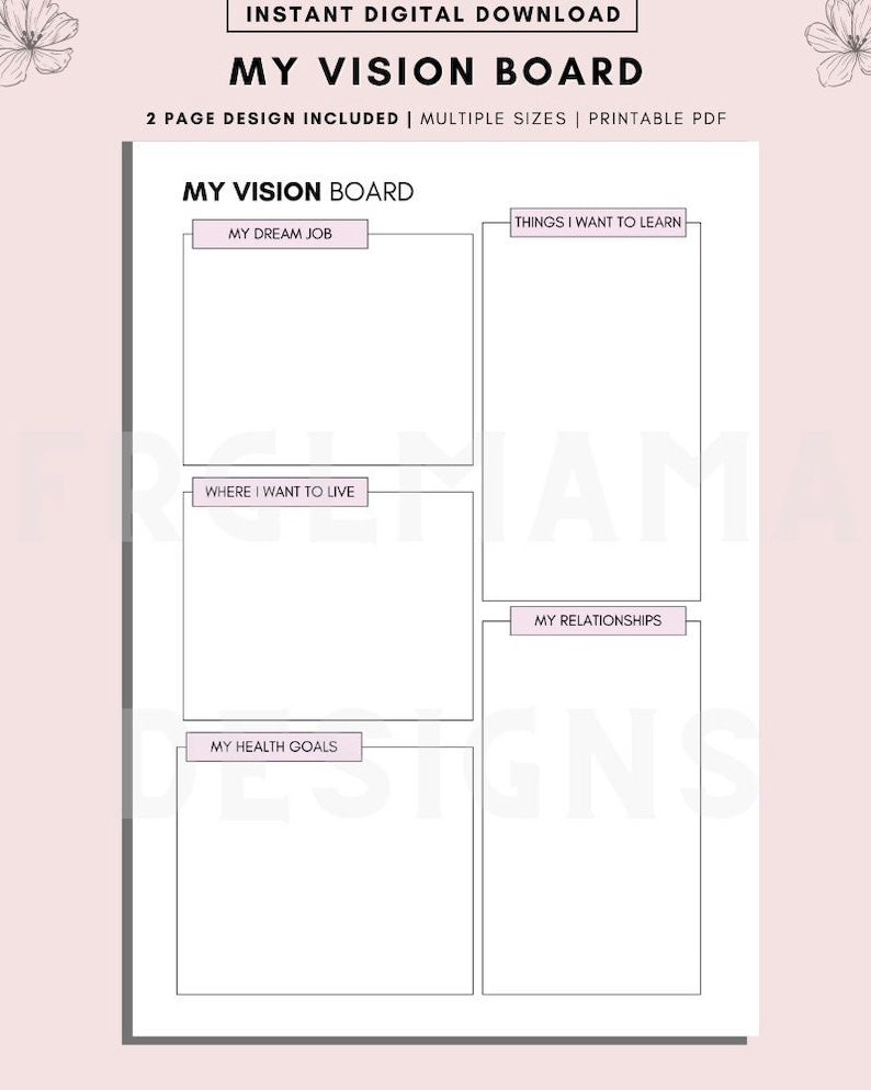 Op de afbeelding: Printbare vision board sjabloon met vijf secties: Mijn droombaan, Dingen die ik wil leren, Waar ik wil wonen, Mijn relaties en Mijn gezondheidsdoelen.