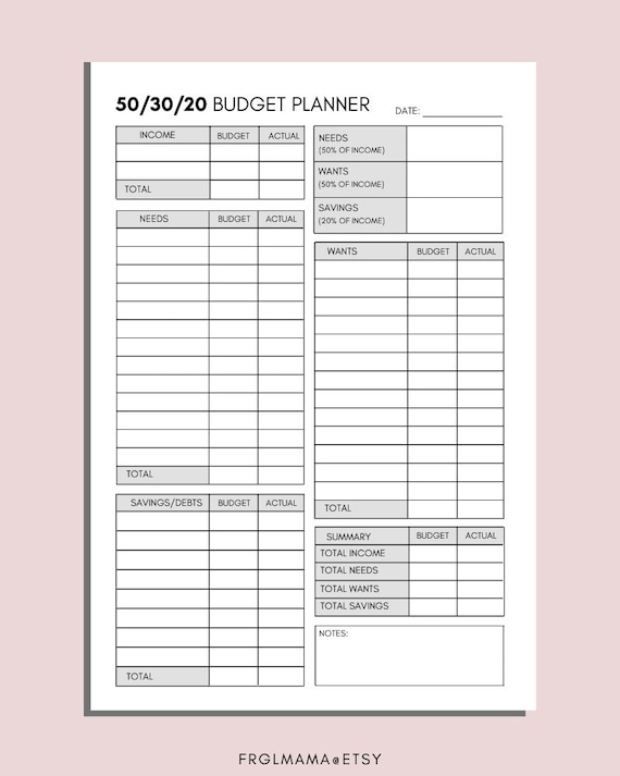 Buy 50/30/20 Budget Overview Template Printable, Monthly Budget