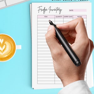 May include: A printable fridge inventory list with columns for item, quantity, expiry date, and notes. The list is on a white sheet of paper with a pink header. A hand is holding a black marker and writing on the list.