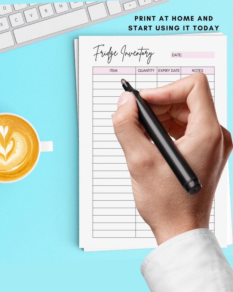 May include: A printable fridge inventory list with columns for item, quantity, expiry date, and notes. The list is on a white sheet of paper with a pink header. A hand is holding a black marker and writing on the list.