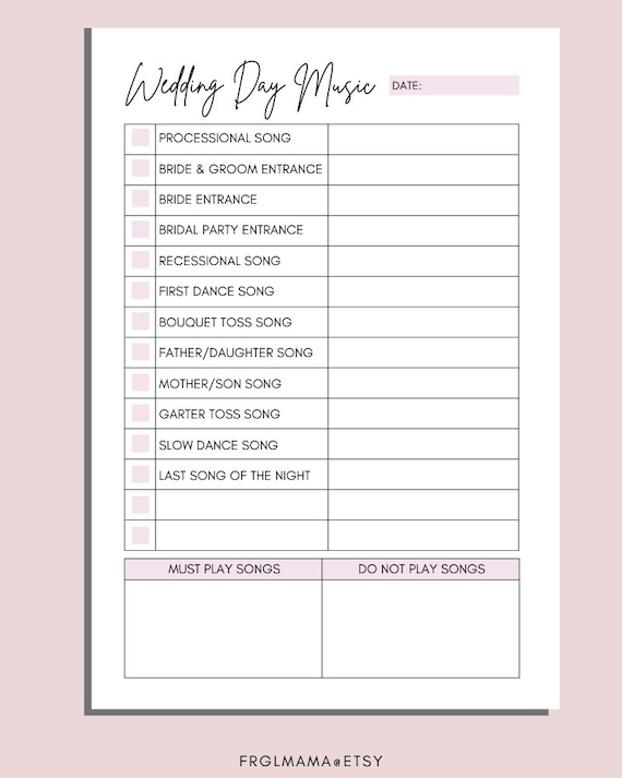 Printable Wedding Song List, Wedding Playlist, Wedding Music List