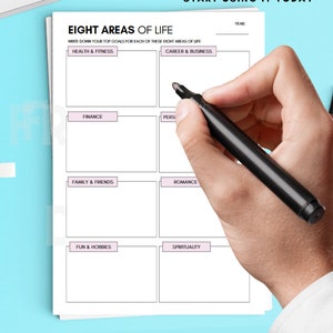 May include: Printable worksheet with the title "Eight Areas of Life" and a grid with eight sections labeled: Health & Fitness, Career & Business, Finance, Personal, Family & Friends, Romance, Fun & Hobbies, and Spirituality.  Write down your top goals for each of these eight areas of life.