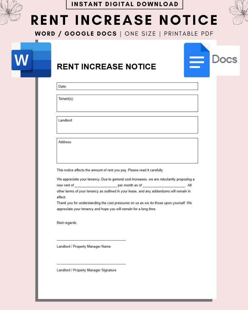 Simple Blank Rent Increase Form.pdf Rent Increase Notice Template: Editable PDF, Instant Download - Etsy