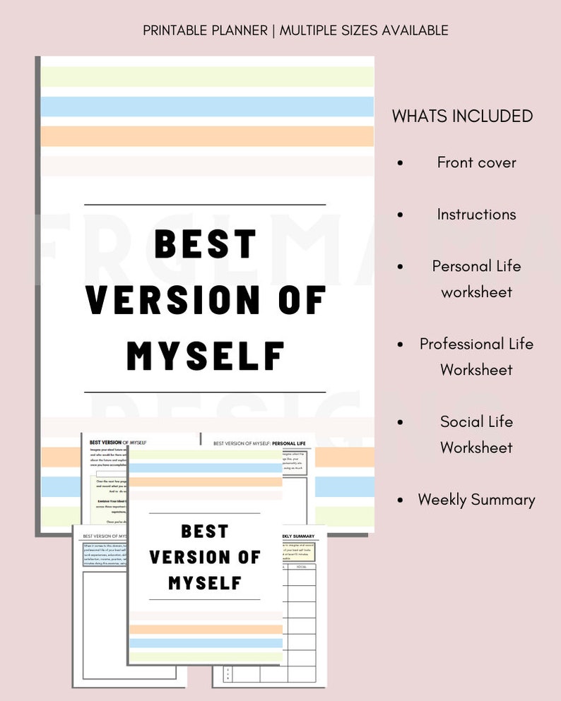 Puede incluir: Planificador imprimible con el texto "Best Version of Myself" en negro sobre fondo blanco. El planificador incluye una portada, instrucciones, una hoja de trabajo sobre la vida personal, una hoja de trabajo sobre la vida profesional, una hoja de trabajo sobre la vida social y un resumen semanal.