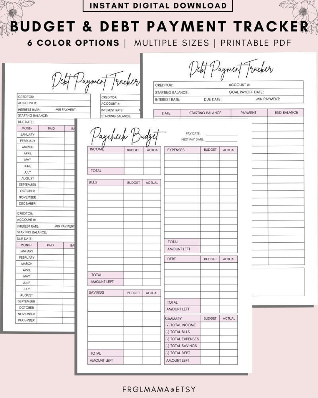 Paycheck Budget Overview Template, Debt Payment Tracker Printable, Debt ...
