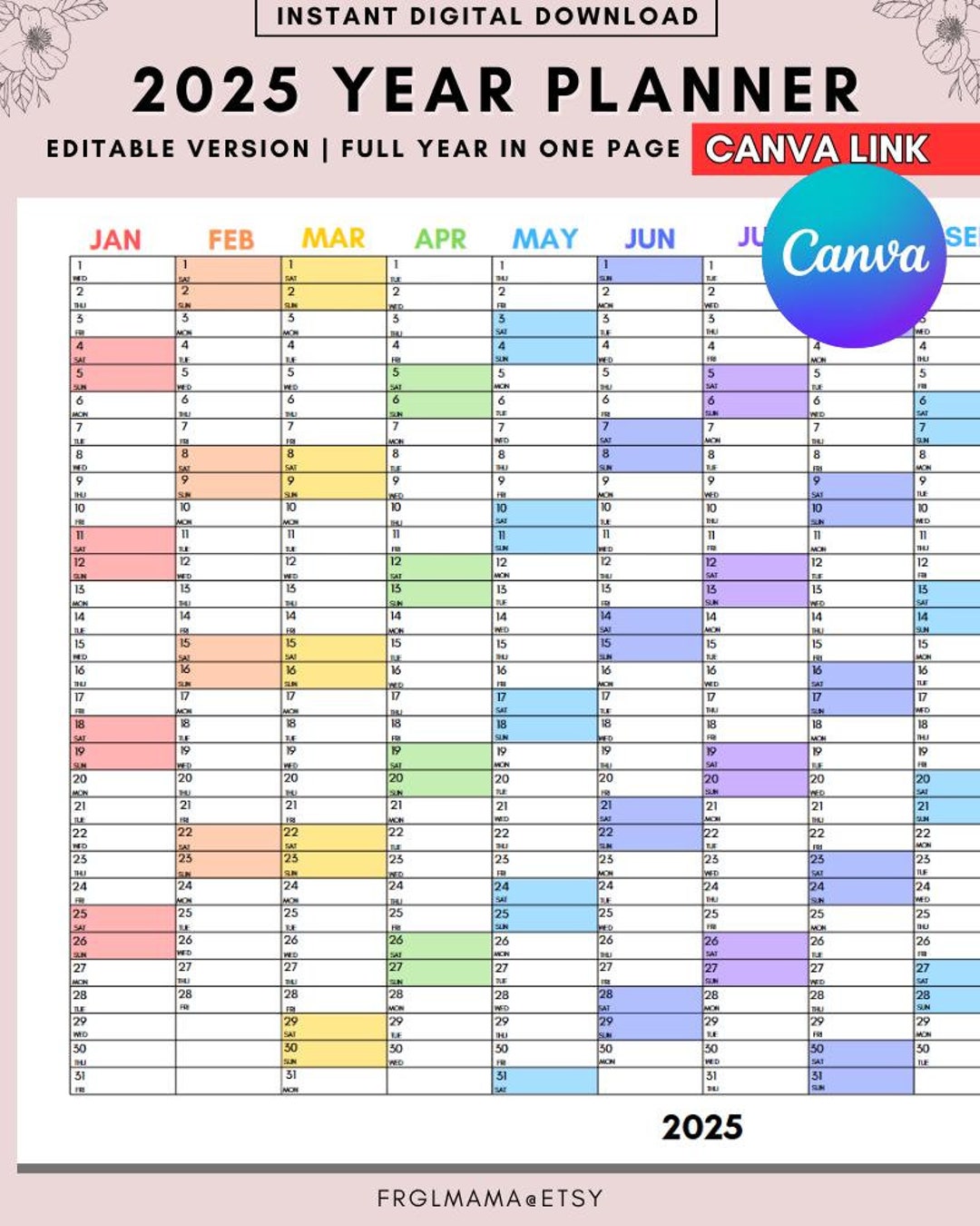 2025 Year Planner: Editable Calendar, Printable PDF, Canva Link - Etsy