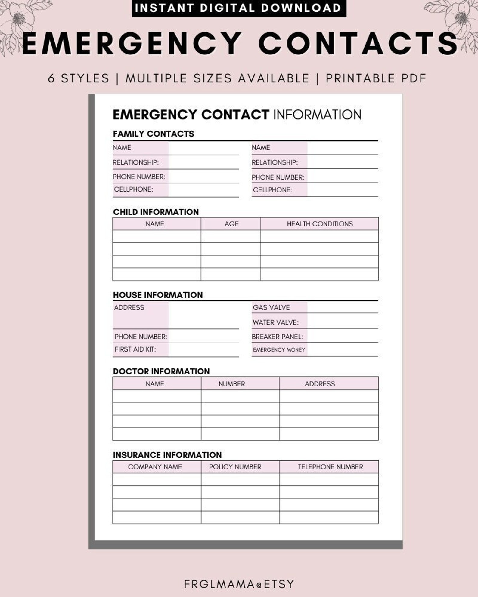 Emergency Contact Info Babysitter Printable Contact - Etsy