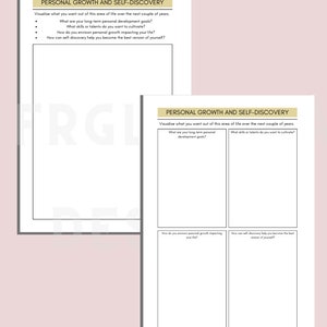 May include: Two printable planner pages with a black and white design. The pages are titled "Personal Growth and Self-Discovery" and include prompts for reflection and goal setting.
