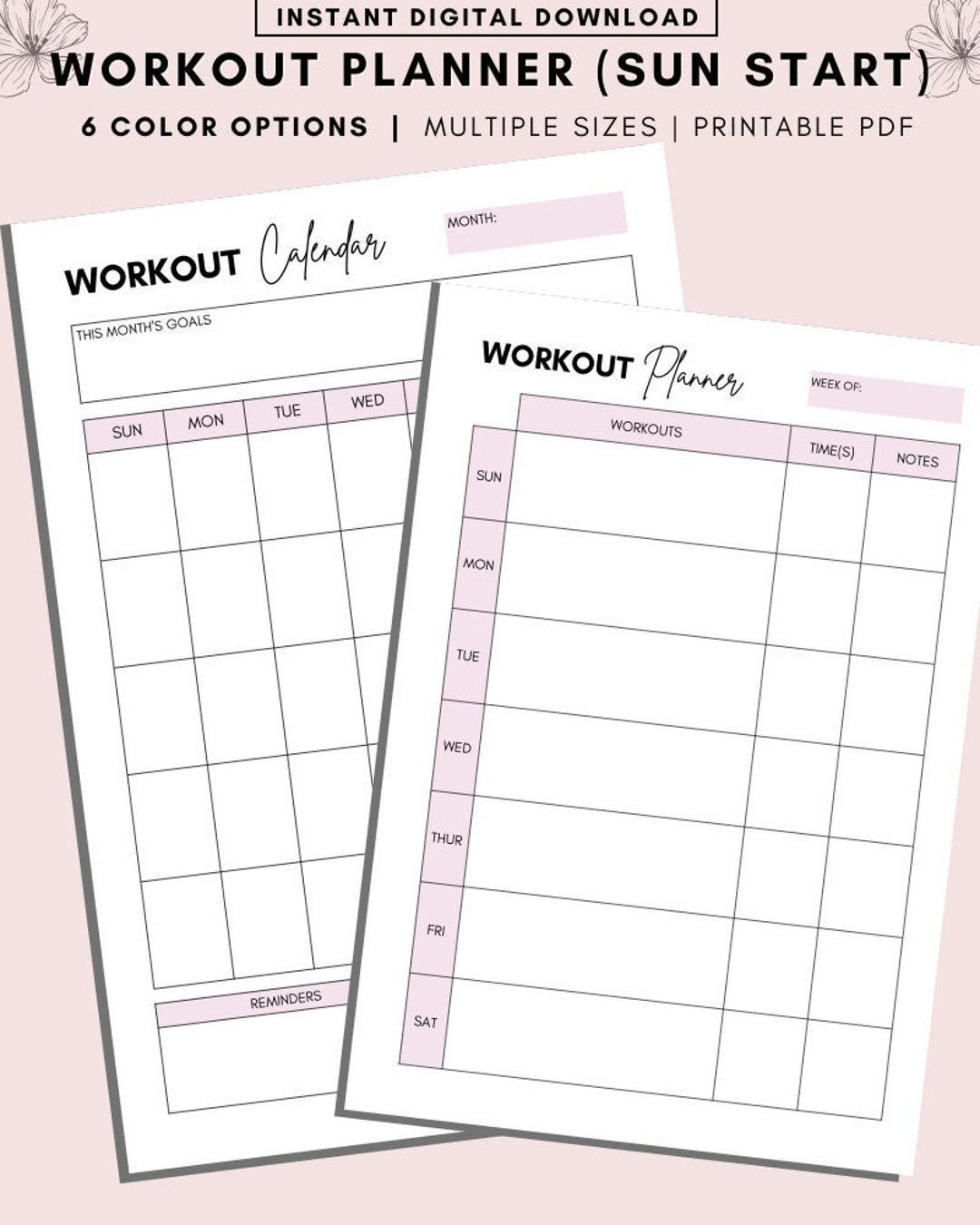 SUNDAY START Printable Workout Planner, Weekly Exercise