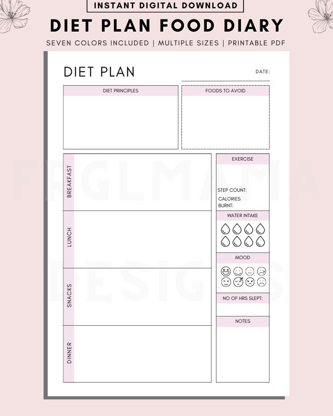 Diet Planner Printable, Daily Food Diary Printable, A4 A5 Printable ...