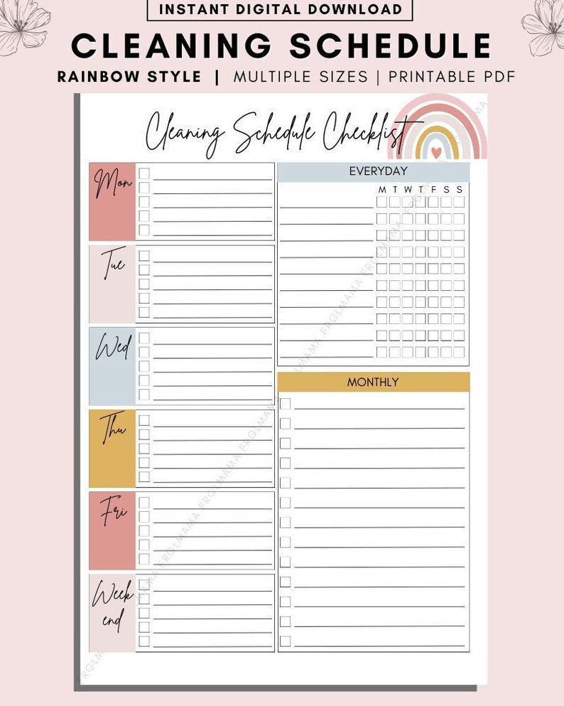 Weekly Cleaning Schedule Printable: Rainbow Style Checklist (A4 A5 PDF ...