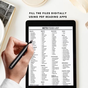 May include: A black tablet with a white screen displaying a keto food list. The list is organized into categories such as fruits, meats, seafood, eggs, nuts, flours, fats & oils, dressings, pantry items, dairy & substitutes, and seeds. The list includes a variety of foods that are commonly consumed on a ketogenic diet.
