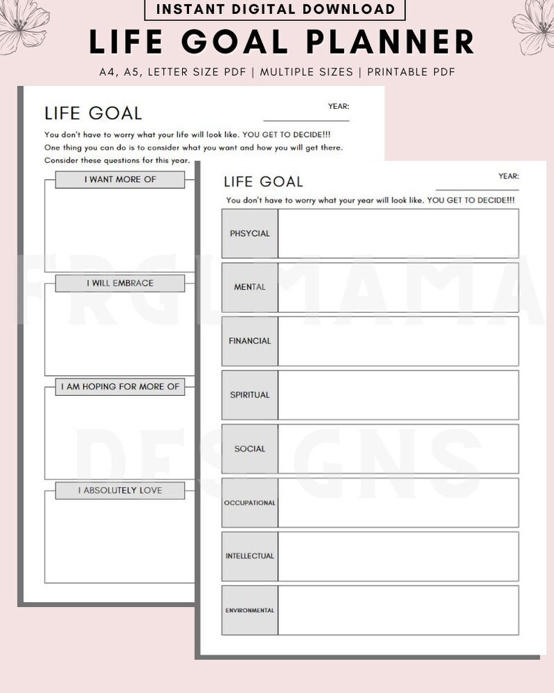 May include: Printable life goal planner worksheet with sections for physical, mental, financial, spiritual, social, occupational, intellectual, and environmental goals. The worksheet includes the text "You don't have to worry what your life will look like. YOU GET TO DECIDE!!!" and "You don't have to worry what your year will look like. YOU GET TO DECIDE!!!"