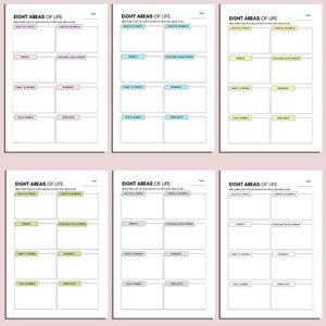 May include: Six printable PDF templates for a life planning worksheet. Each template features a different color scheme and is titled "Eight Areas of Life". The worksheet is divided into eight sections: Health & Fitness, Career & Business, Finances, Personal Development, Family & Friends, Romance, Fun & Hobbies, and Spirituality.